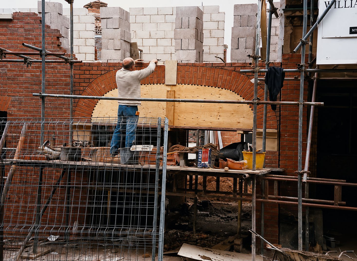 Brickwork and scaffolding during the conversion