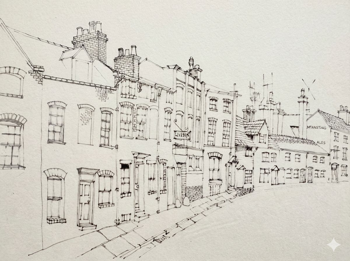 Pen sketch of Cross Hill showing the Livesey printing works