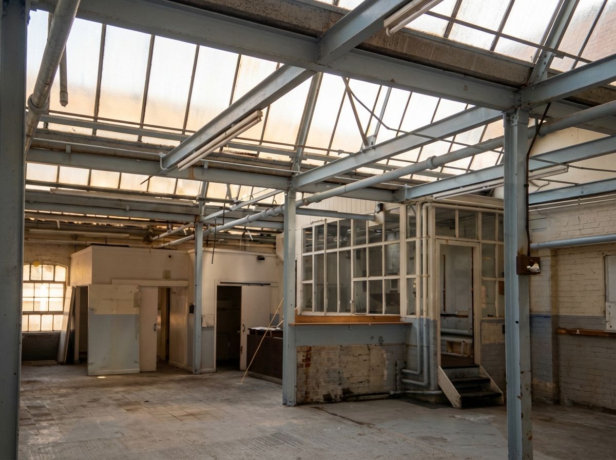 The derelict top-lit workshop of the printing works before conversion