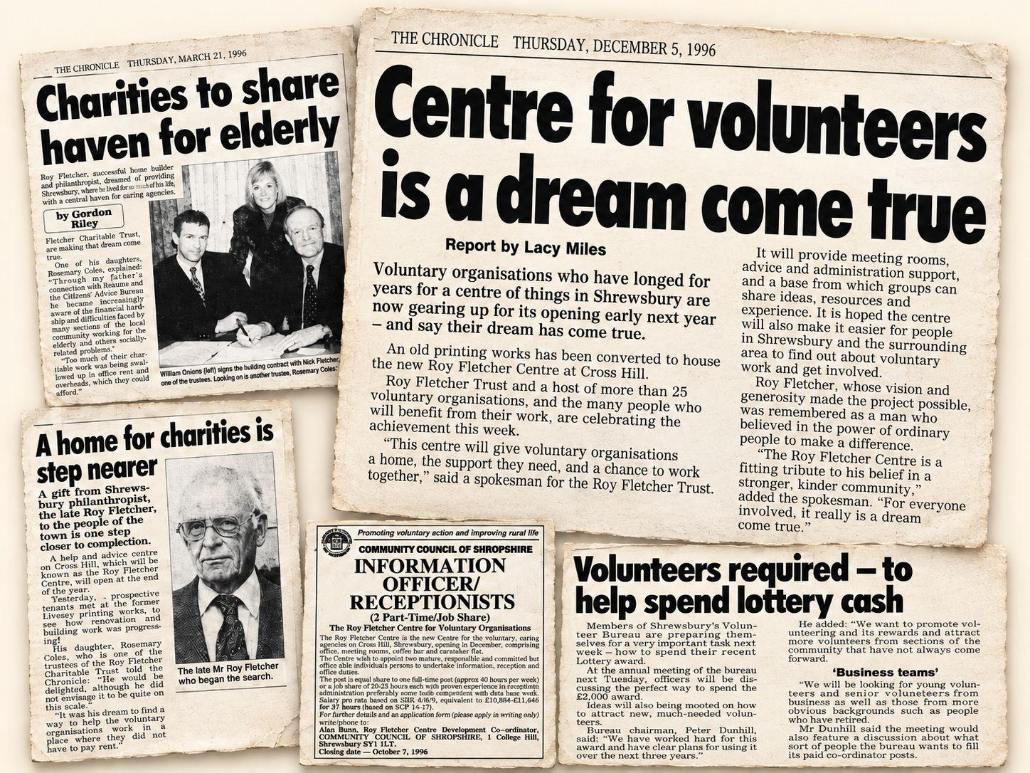Newspaper cuttings from the Shrewsbury Chronicle reporting the Centre's creation in 1996